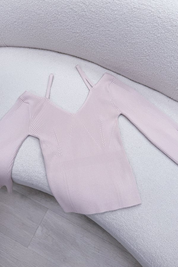 Niki V-Neckline Off Shoulder Long Sleeve Knit Top in Baby Pink