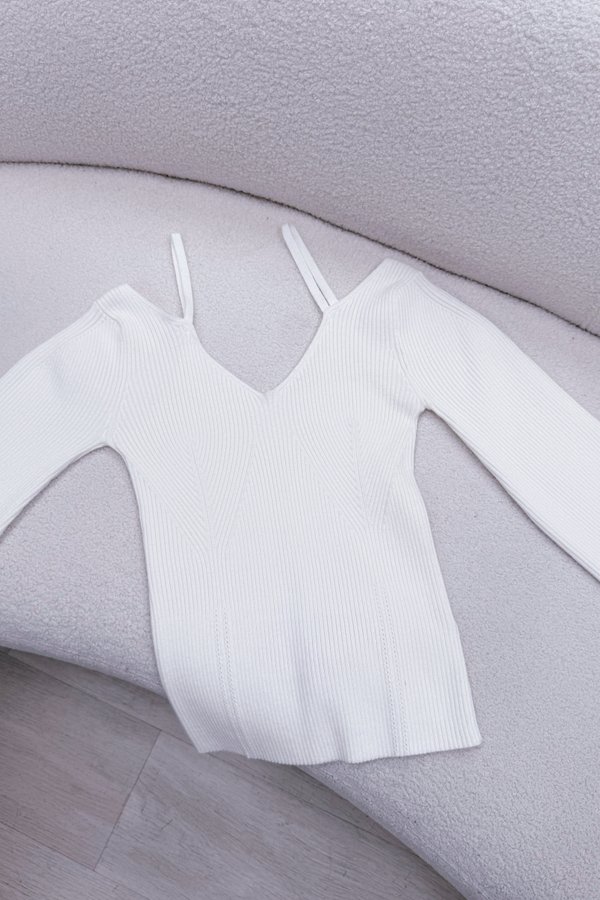 Niki V-Neckline Off Shoulder Long Sleeve Knit Top in White