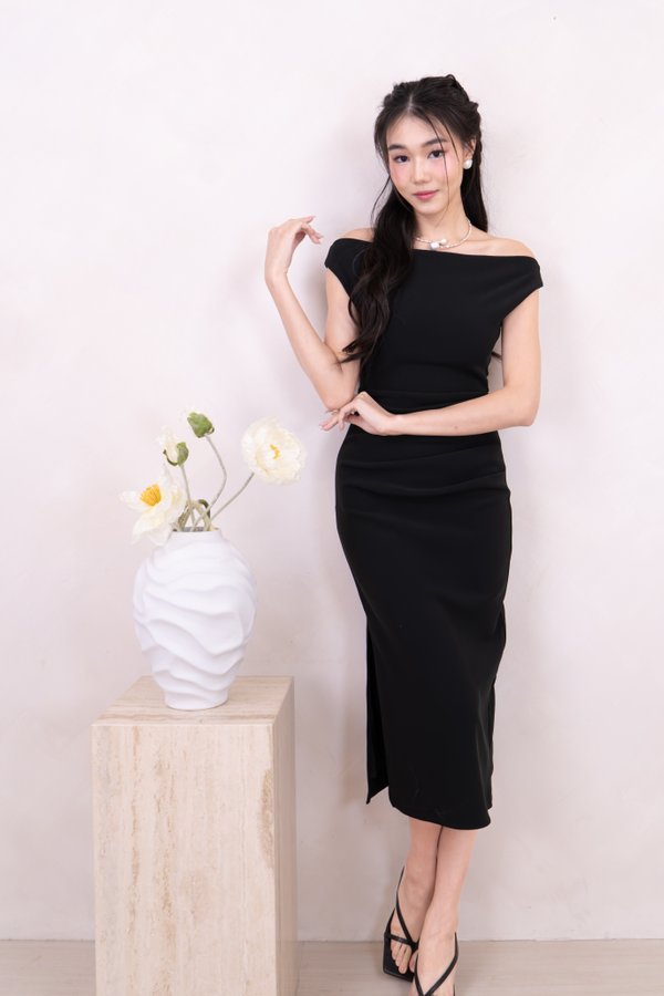 Tayla Off Shoulder Midi Dress in Black