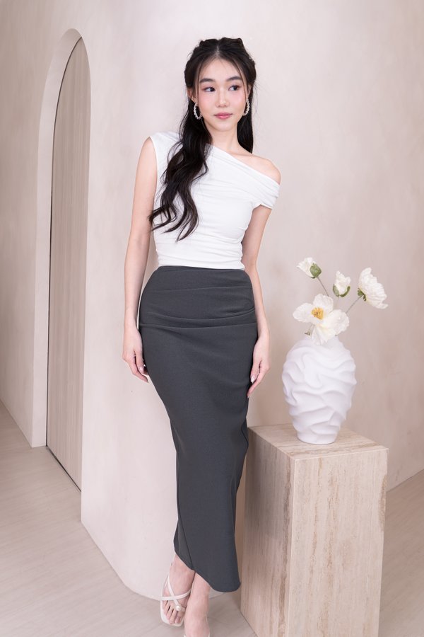 Livvy Side Ruched Back Slit Midi Skirt in Slate Grey