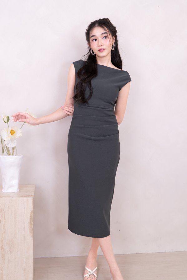 Tayla Off Shoulder Midi Dress in Dark Grey