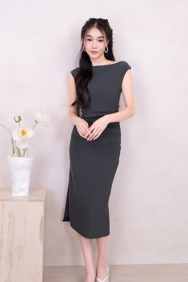 Tayla Off Shoulder Midi Dress in Dark Grey