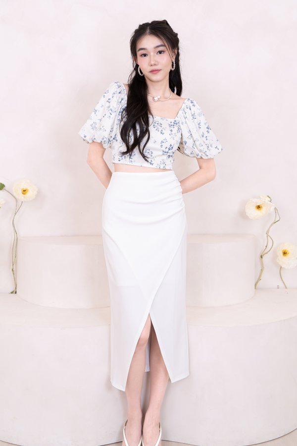 Clarice Overlap Front Slit Ruched Midi Skirt in White