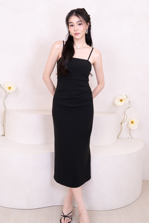 Holly Straight Neckline Side Ruched Midi Dress in Black