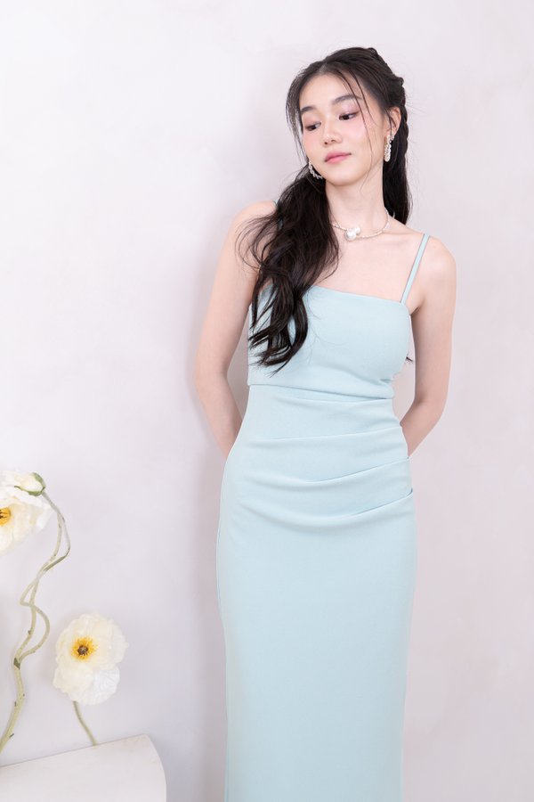 Holly Straight Neckline Side Ruched Midi Dress in Teal Blue