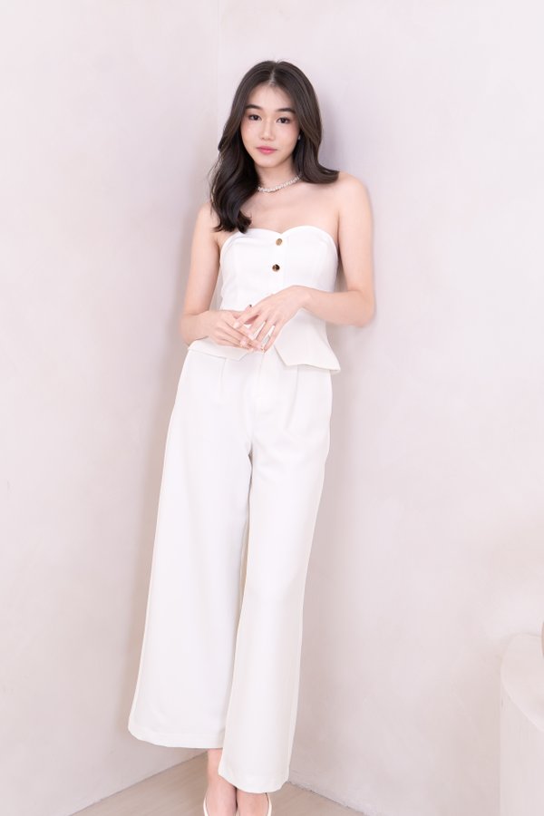 L533 Straight Leg Pants with Gold Button in White