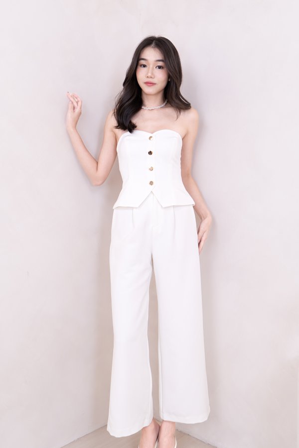 L533 Straight Leg Pants with Gold Button in White