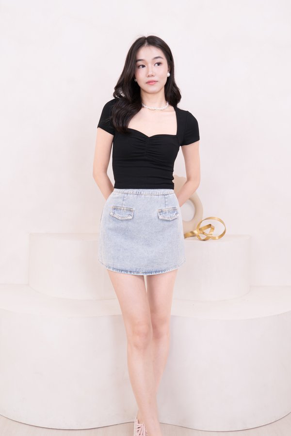 PX3522 Faux Pocket Denim Skorts in Mid Wash