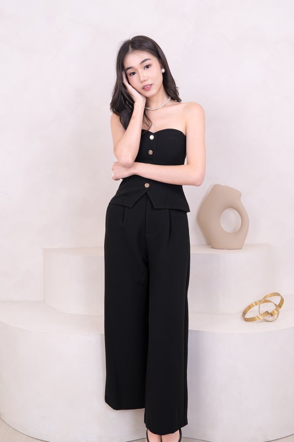 Adeline Straight Leg Pants with Gold Button in Black