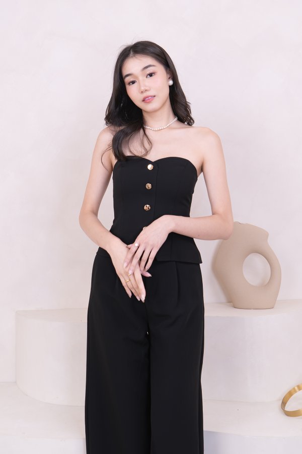 Adeline Sweetheart Neckline Long Top with Gold Buttons in Black