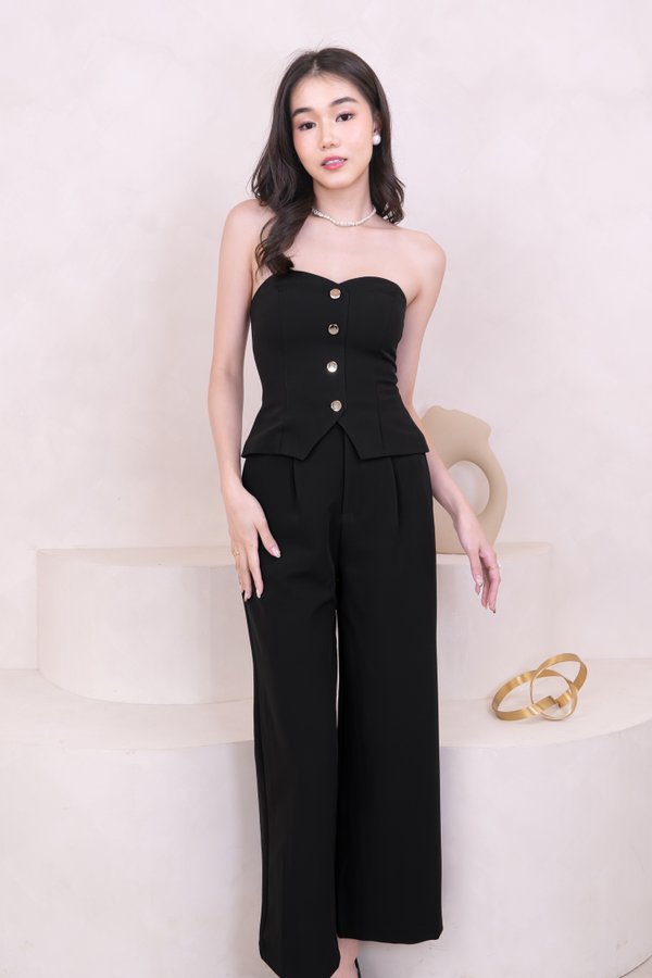 Adeline Straight Leg Pants with Gold Button in Black