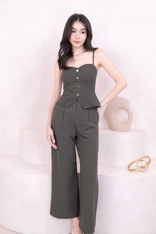 Adeline Straight Leg Pants with Gold Button in Stone Grey