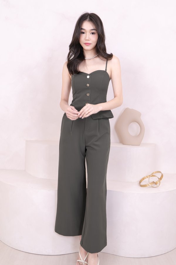 Adeline Straight Leg Pants with Gold Button in Stone Grey