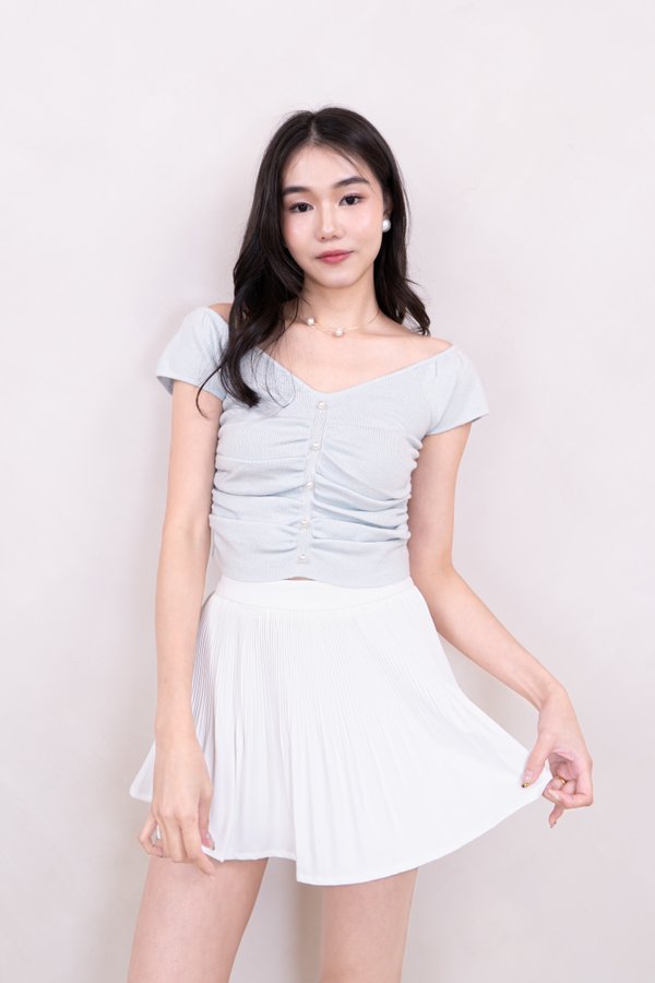 Fleur Pearl Off Shoulder Knit Ruched Top in Baby Blue