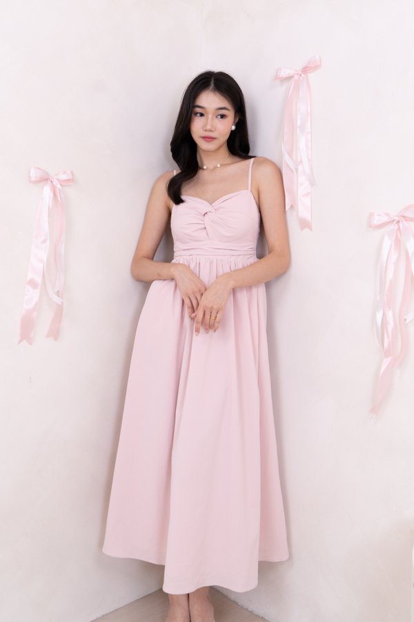 L522 Front Twist Knot Midi Dress in Dusty Pink