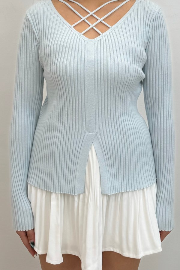 Maxine Criss Cross Knit Long Sleeve Top in Baby Blue