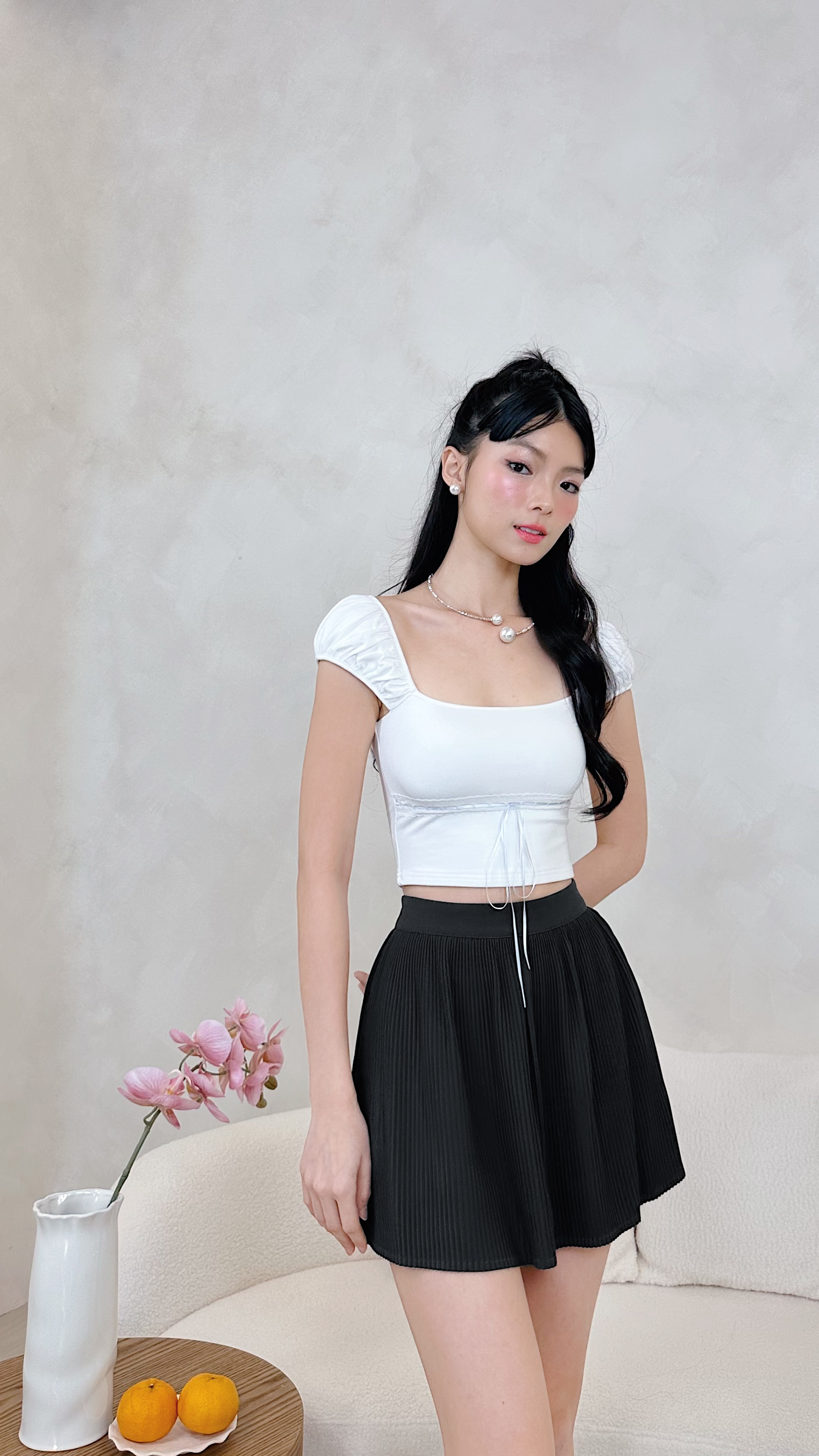 BARE/BASIC) Elsa Lace Ribbon Top in White with Baby Blue Ribbon