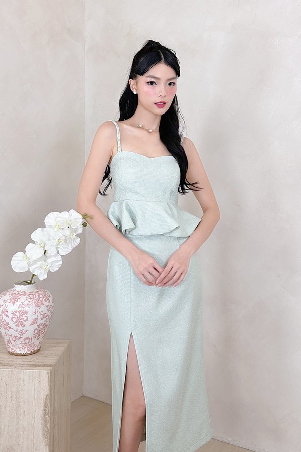 L586 Hanzel Sweetheart Neckline Peplum Top in Sage with Silver Threads