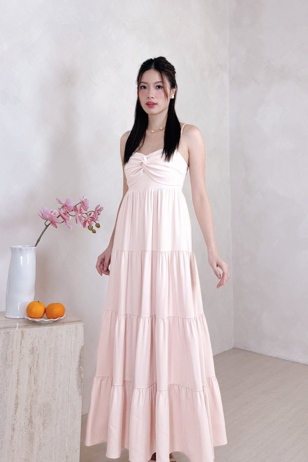 Glenette Front Twist Tiered Midi Dress in Ice Pink