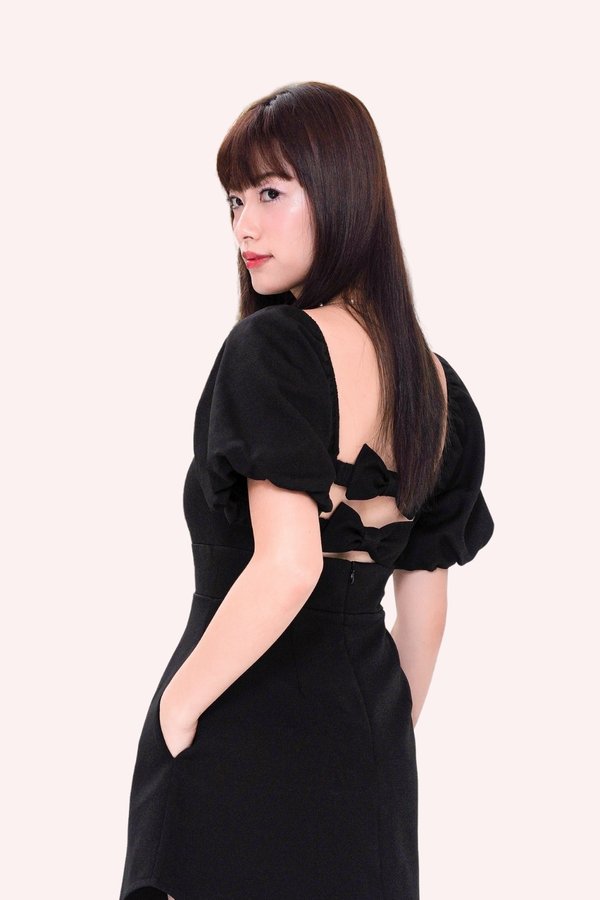 L579 Gladys Bubble Sleeve Back Ribbon Dress Romper in Black