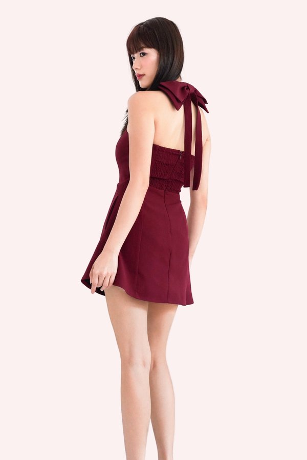 L557 Elvira Ribbon Smocked Dress Romper in Maroon