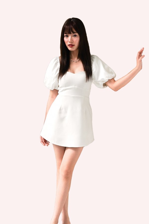 L579 Gladys Bubble Sleeve Back Ribbon Dress Romper in White