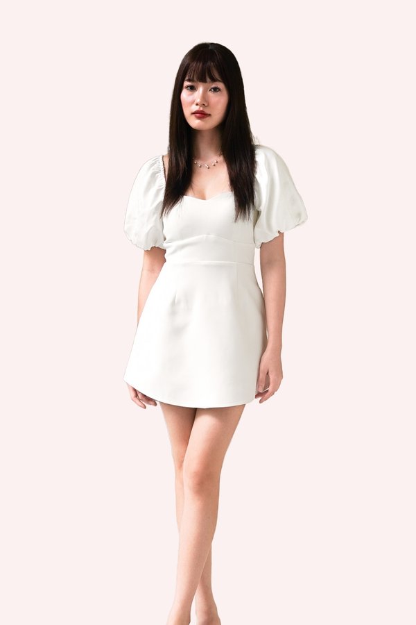 L579 Gladys Bubble Sleeve Back Ribbon Dress Romper in White