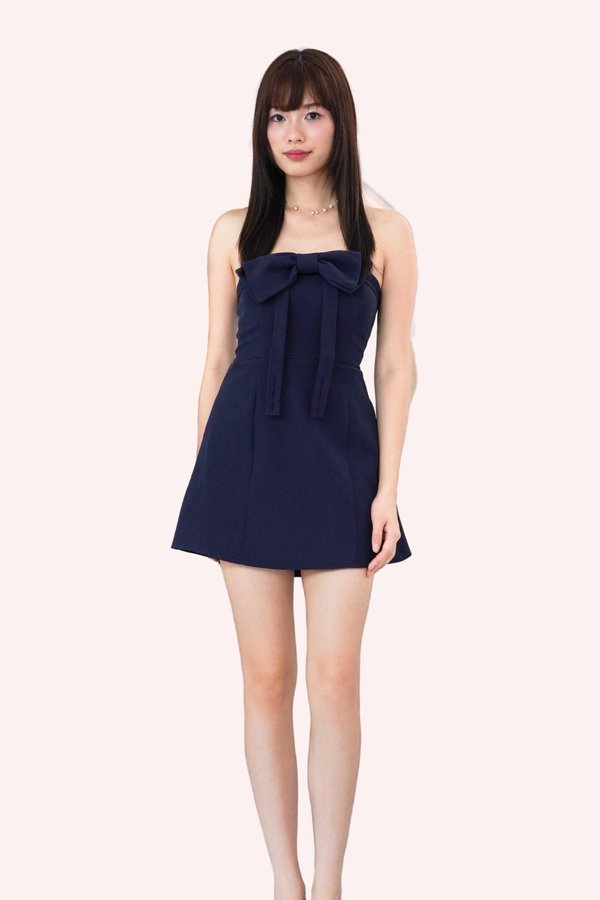 L557 Elvira Ribbon Smocked Dress Romper in Navy