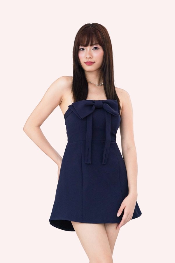 L557 Elvira Ribbon Smocked Dress Romper in Navy