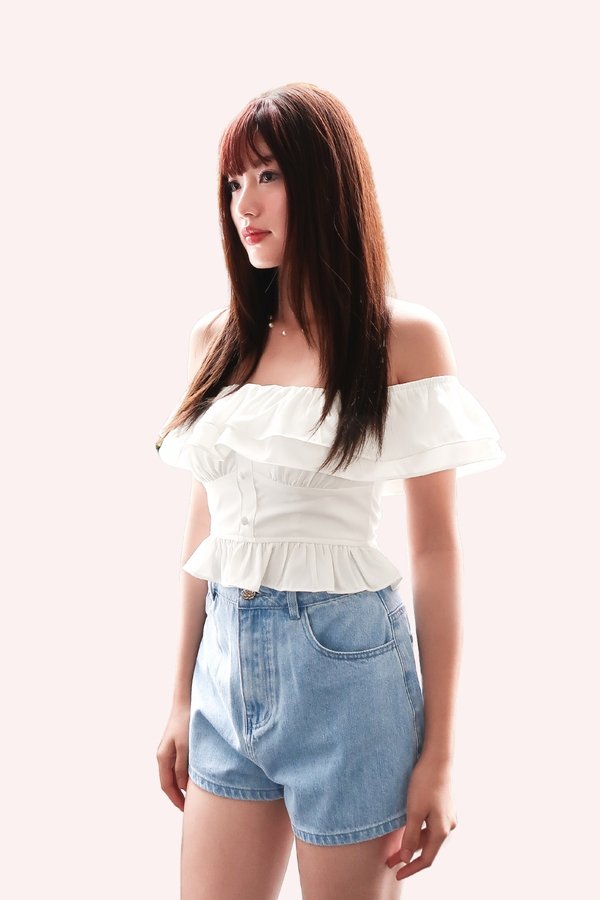 L594 Blakely Off Shoulder Ruffle Hem Top in White