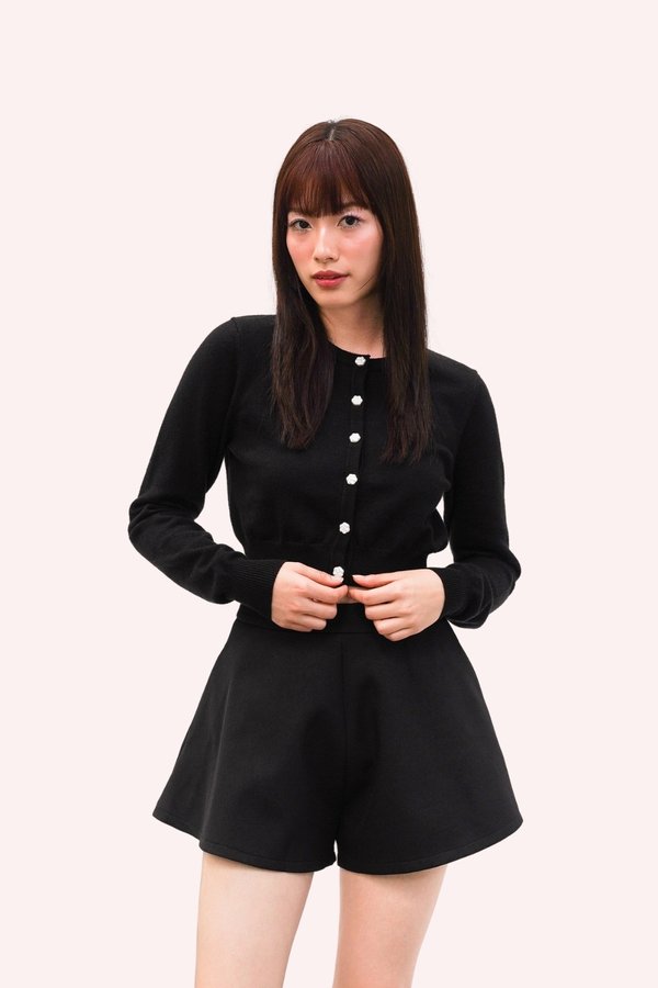 L659 Joella Camellia Button Long Sleeve Knit Cardigan in Black