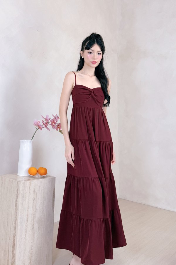 L639 Glenette Front Twist Tiered Midi Dress in Maroon