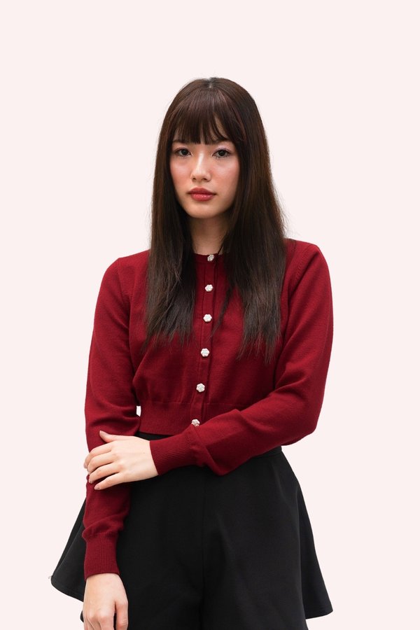 L659 Joella Camellia Button Long Sleeve Knit Cardigan in Cherry Red