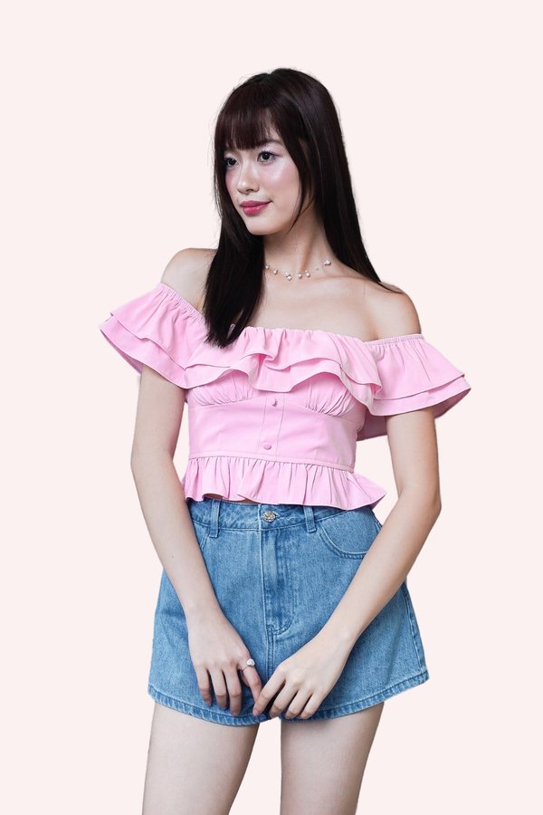 L594 Blakely Off Shoulder Ruffle Hem Top in Bubble Gum Pink