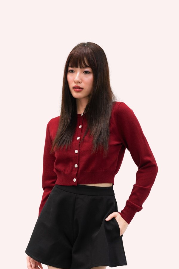 L659 Joella Camellia Button Long Sleeve Knit Cardigan in Cherry Red