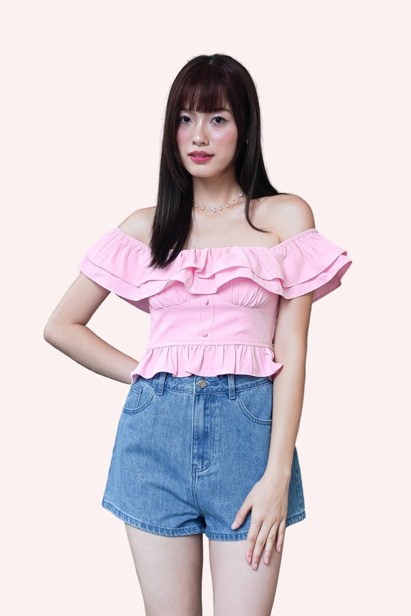 L594 Blakely Off Shoulder Ruffle Hem Top in Bubble Gum Pink