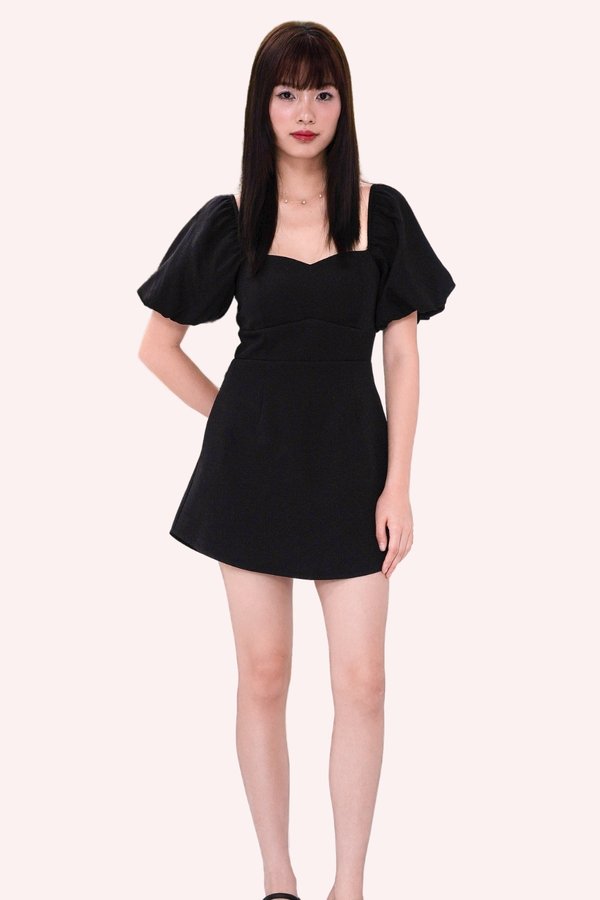 L579 Gladys Bubble Sleeve Back Ribbon Dress Romper in Black