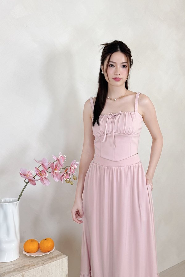 Faye Straight Neckline Front Tie Elastic Strap Top in Dusty Pink