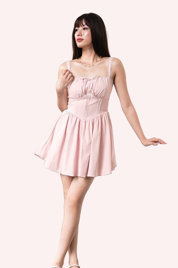 L558 Alessia Lace Front Self Tie Dress Romper in Dusty Pink