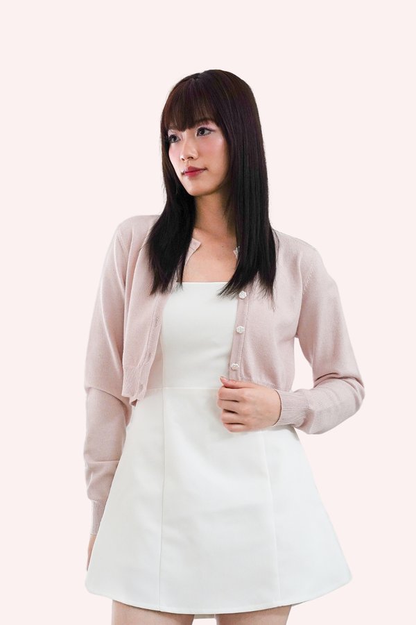 L659 Joella Camellia Button Long Sleeve Knit Cardigan in Baby Pink