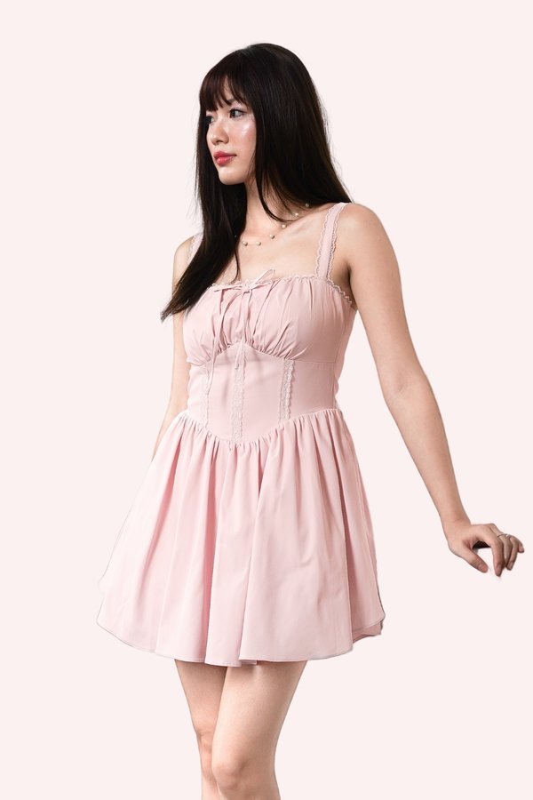 L558 Alessia Lace Front Self Tie Dress Romper in Dusty Pink