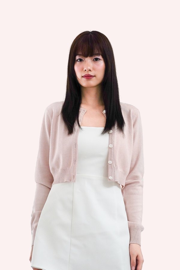 L659 Joella Camellia Button Long Sleeve Knit Cardigan in Baby Pink