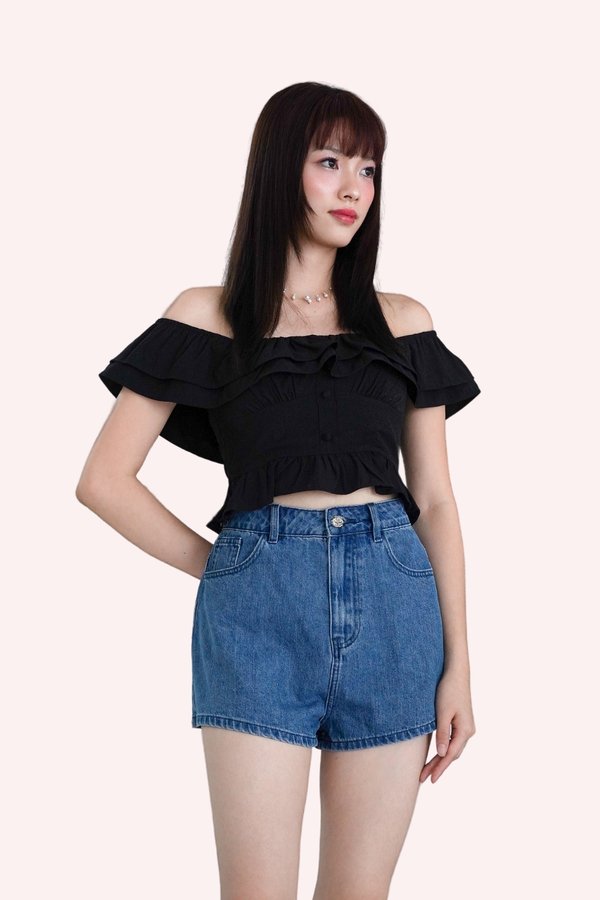 L594 Blakely Off Shoulder Ruffle Hem Top in Black