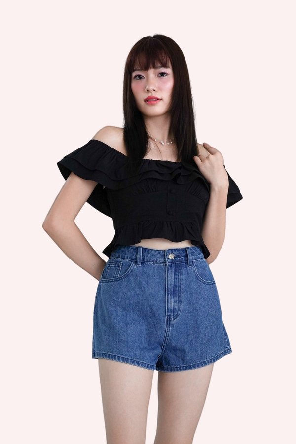 L594 Blakely Off Shoulder Ruffle Hem Top in Black