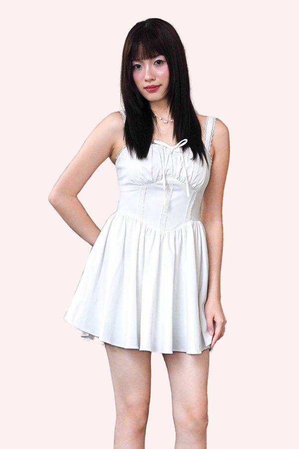 L558 Alessia Lace Front Self Tie Dress Romper in White