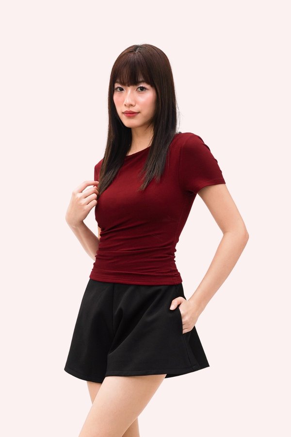 (BARE/BASIC) Elsie Asymmetrical Side Ruching Top in Maroon