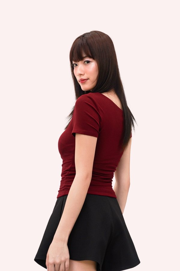 (BARE/BASIC) Elsie Asymmetrical Side Ruching Top in Maroon