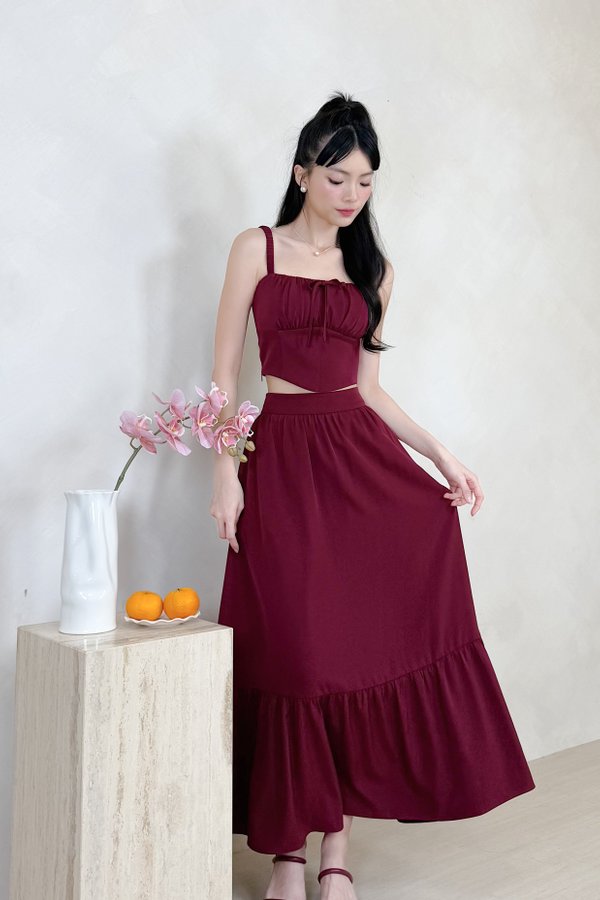 *Petite* Laura Single Ruffle Hem Midi Skirt in Maroon