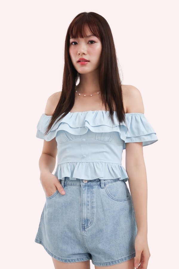 L594 Blakely Off Shoulder Ruffle Hem Top in Baby Blue