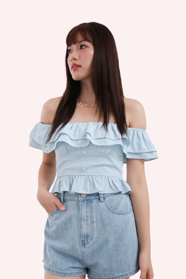 L594 Blakely Off Shoulder Ruffle Hem Top in Baby Blue